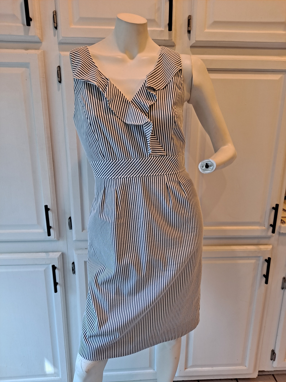 Alex Marie Navy & White Striped Ruffle Vneck Lined Midi Sleeveless Summer Dress